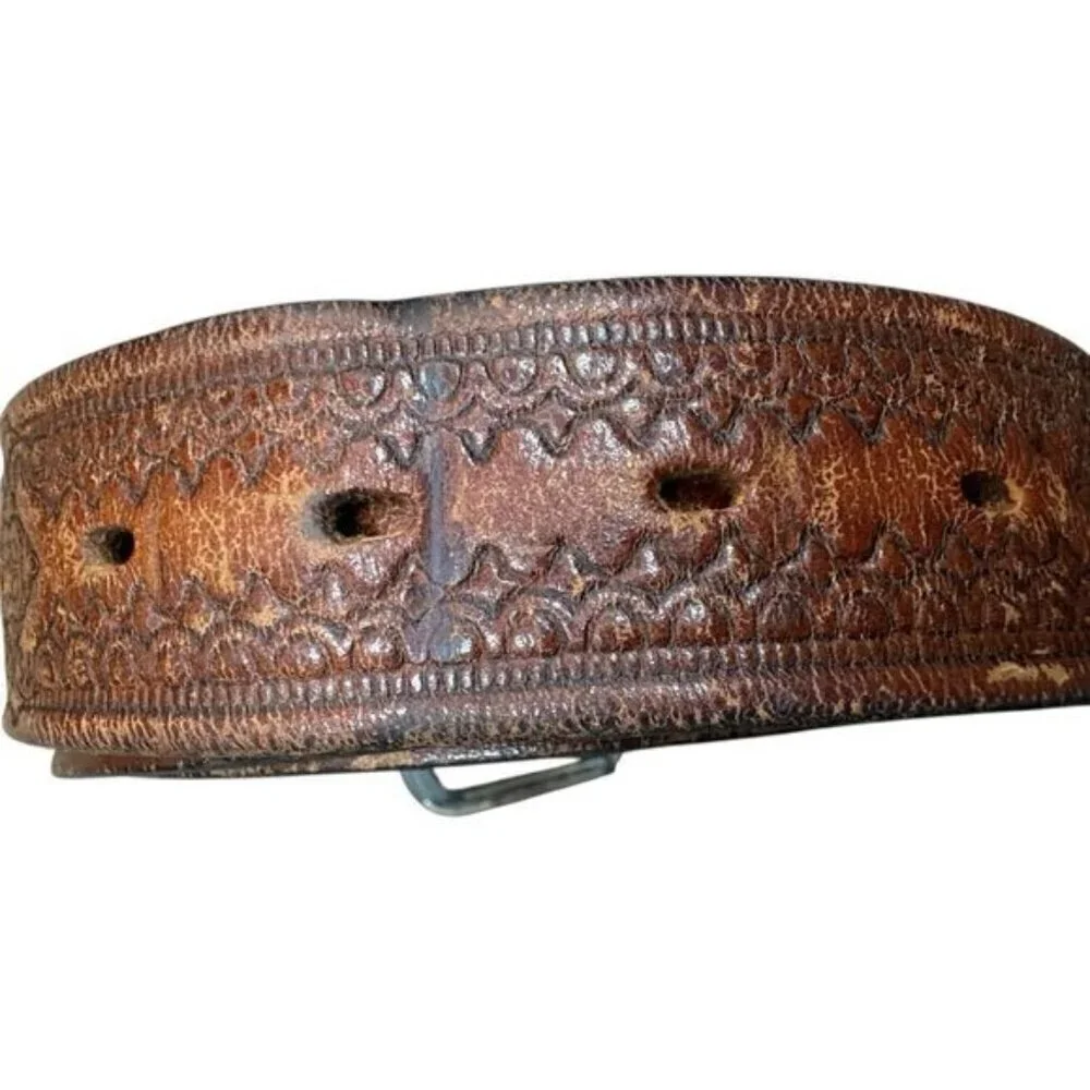 VTG 70s Western Boho Leather Brown Belt Tooled Handcrafted Design Men’s 45”